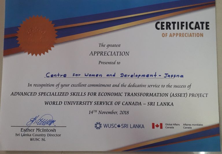 Certificate of Appreciation from WUSC (2018)